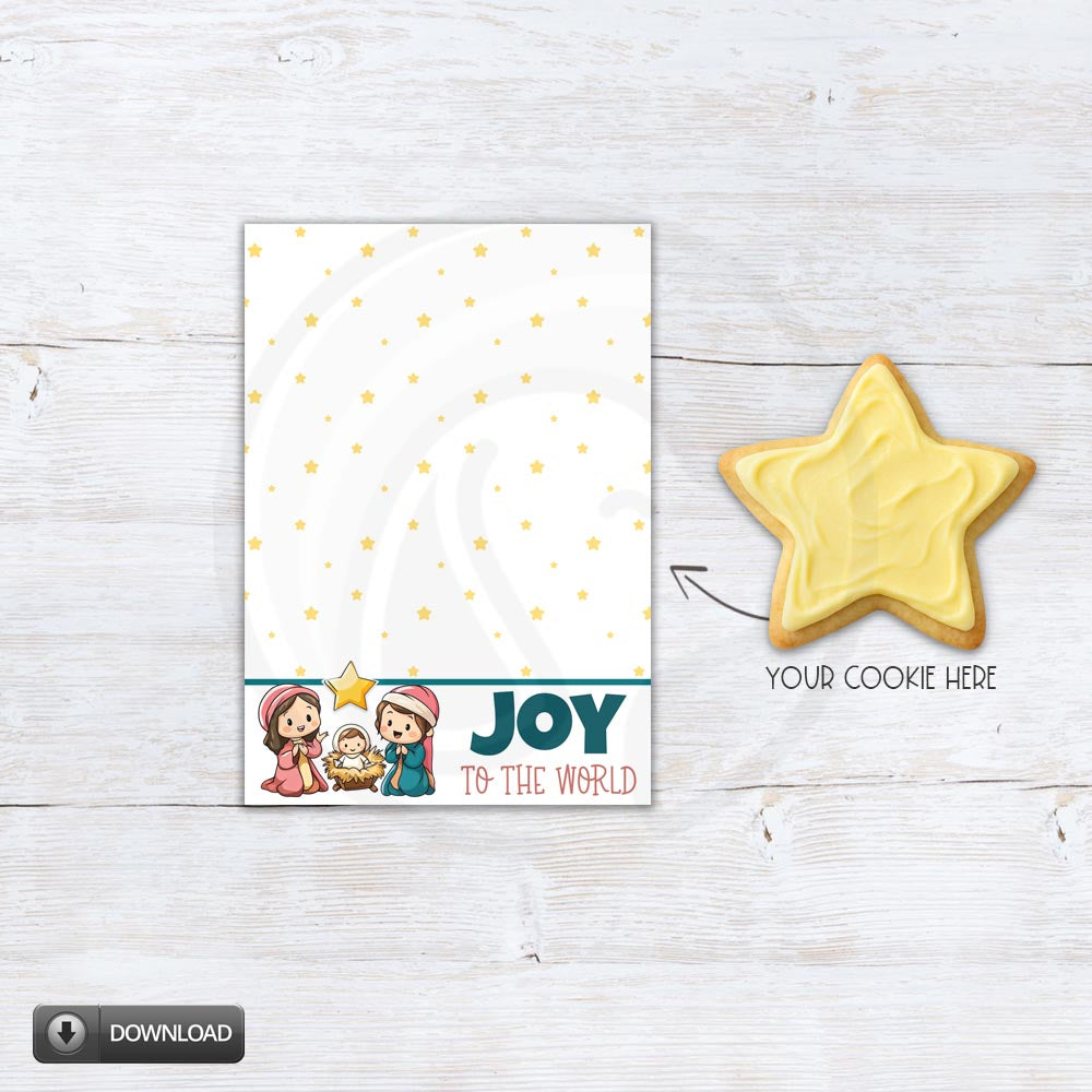 Printable “Joy to the World” cookie card featuring a festive nativity-inspired design – Christian Christmas cookie gift card for church, classroom, or holiday treat giving.