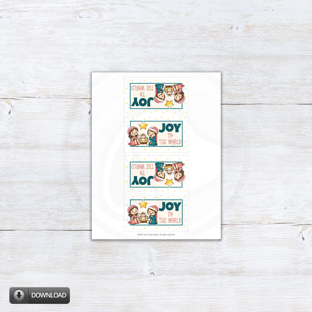 printable Joy to the World treat, candy, and cookie bag toppers for church events, Christian classrooms, or Sunday school. Nativity scene that features Mary, Joseph, and baby Jesus. Instant download item with two sizes included.  Your Paper Stash
