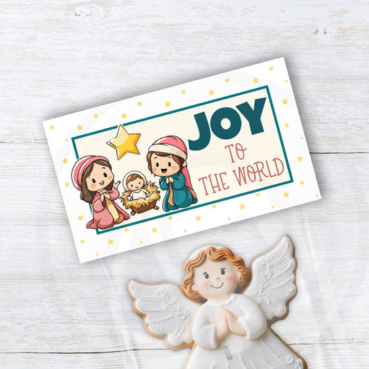 printable Joy to the World treat, candy, and cookie bag toppers for church events, Christian classrooms, or Sunday school. Nativity scene that features Mary, Joseph, and baby Jesus. Instant download item with two sizes included. 