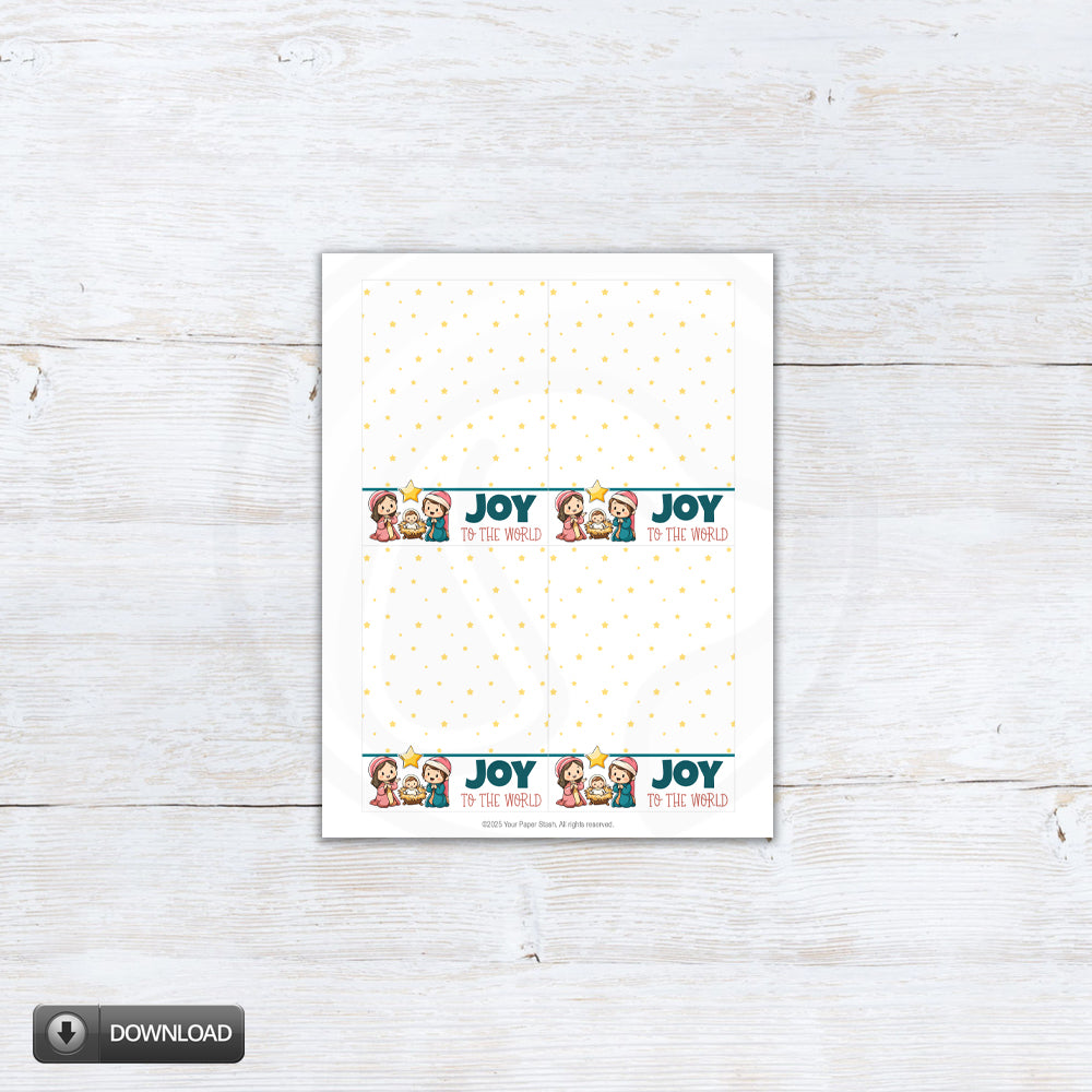 Printable “Joy to the World” cookie card featuring a festive nativity-inspired design – Christian Christmas cookie gift card for church, classroom, or holiday treat giving.