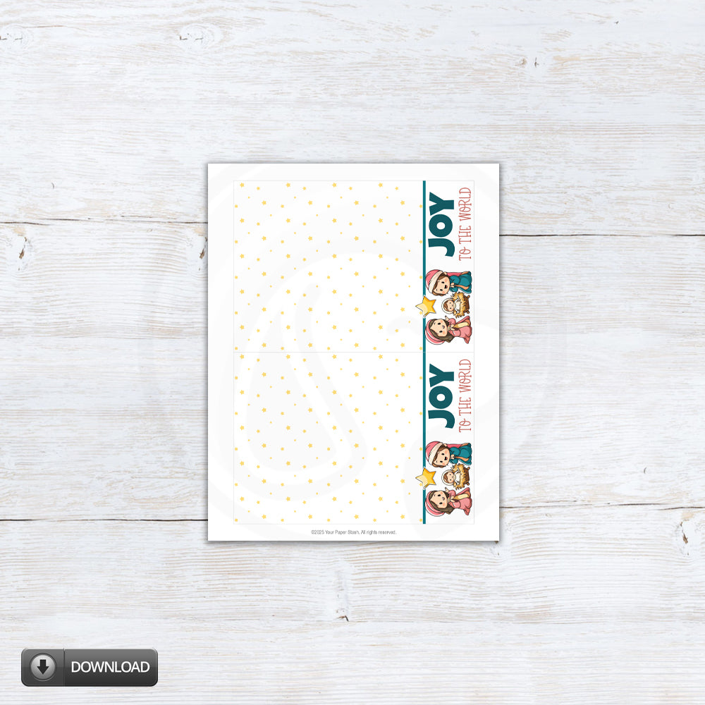 Printable “Joy to the World” cookie card featuring a festive nativity-inspired design – Christian Christmas cookie gift card for church, classroom, or holiday treat giving.