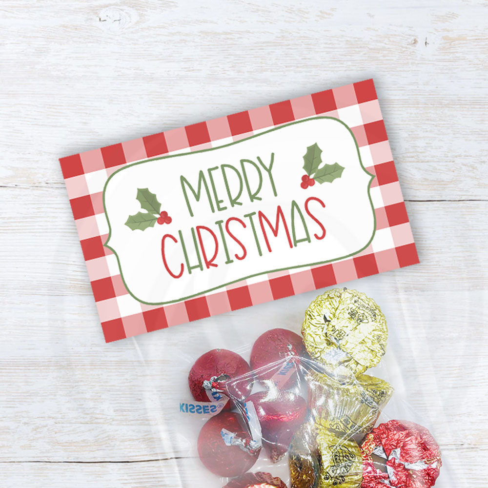 merry Christmas treat bag toppers with red buffalo check background - 2 sizes instant download