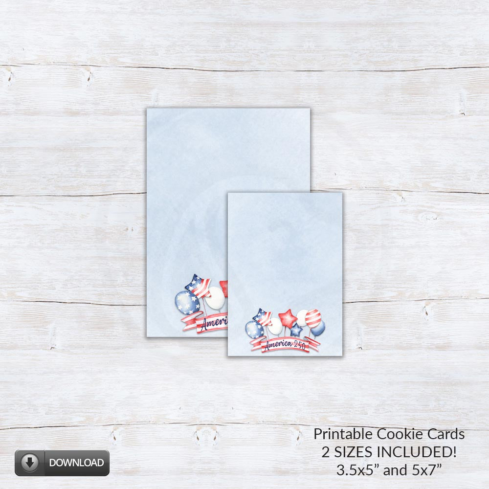 printable cookie backer cards america 250 theme with patriotic balloons design for party favors and small gifts