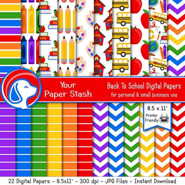 back to school digital papers with bus crayon book apple rainbow chevron pattern backgrounds