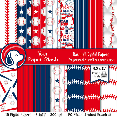printable navy blue red baseball digital papers, baseball scrapbook paper