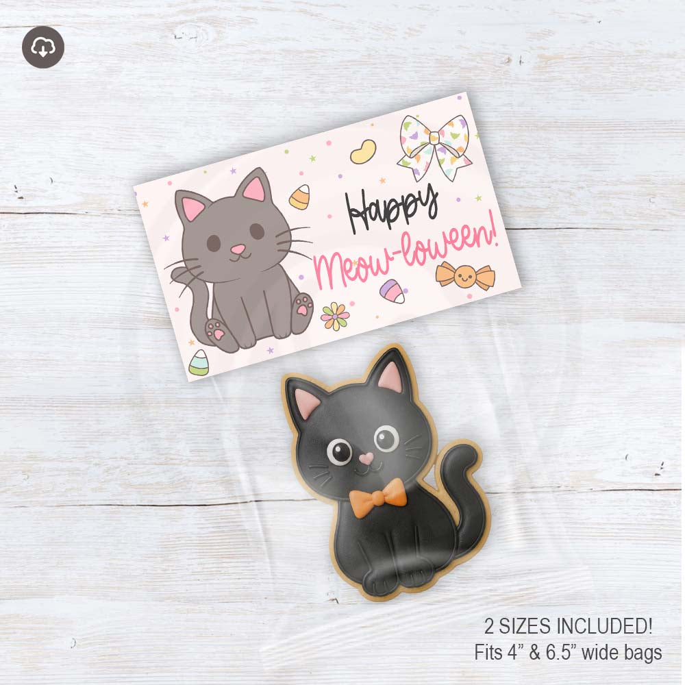 Happy Meow-loween printable Halloween treat bag topper with a cute charcoal gray cat, floral bow, colorful candy, flowers, and pastel stars.