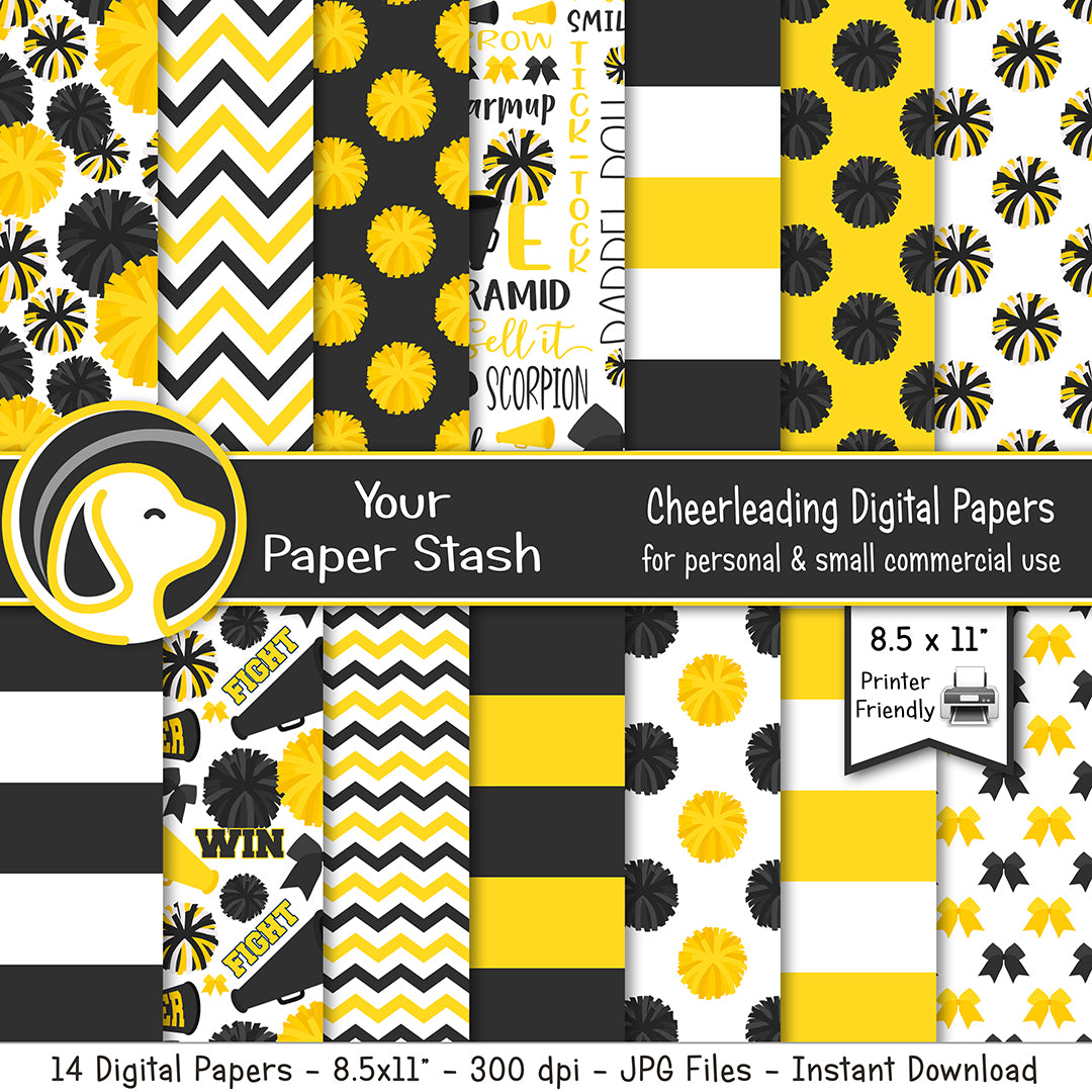 Yellow black and white cheerleading digital paper pack with pom pom, megaphone, bow, stripe, and chevron patterns in 8.5x11 format
