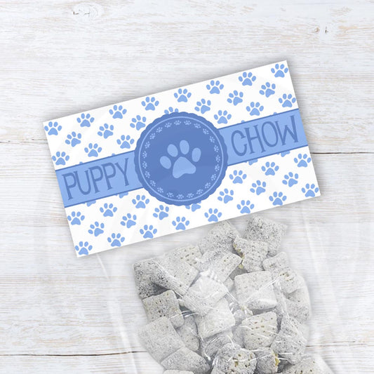 light blue puppy chow treat bag toppers for 1st birthday or dog party