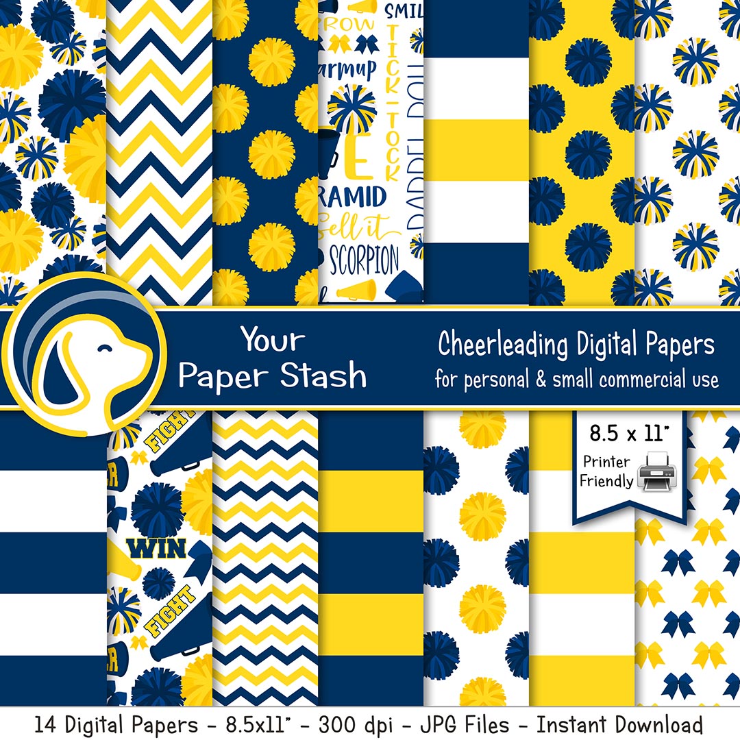 Blue and yellow cheerleading digital paper pack with pom pom patterns, stripes, and chevron designs in 8.5x11 format