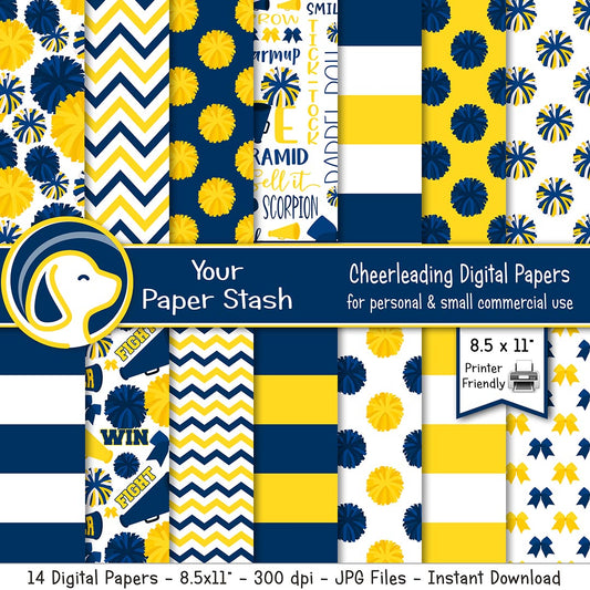 Blue and yellow cheerleading digital paper pack with pom pom patterns, stripes, and chevron designs in 8.5x11 format
