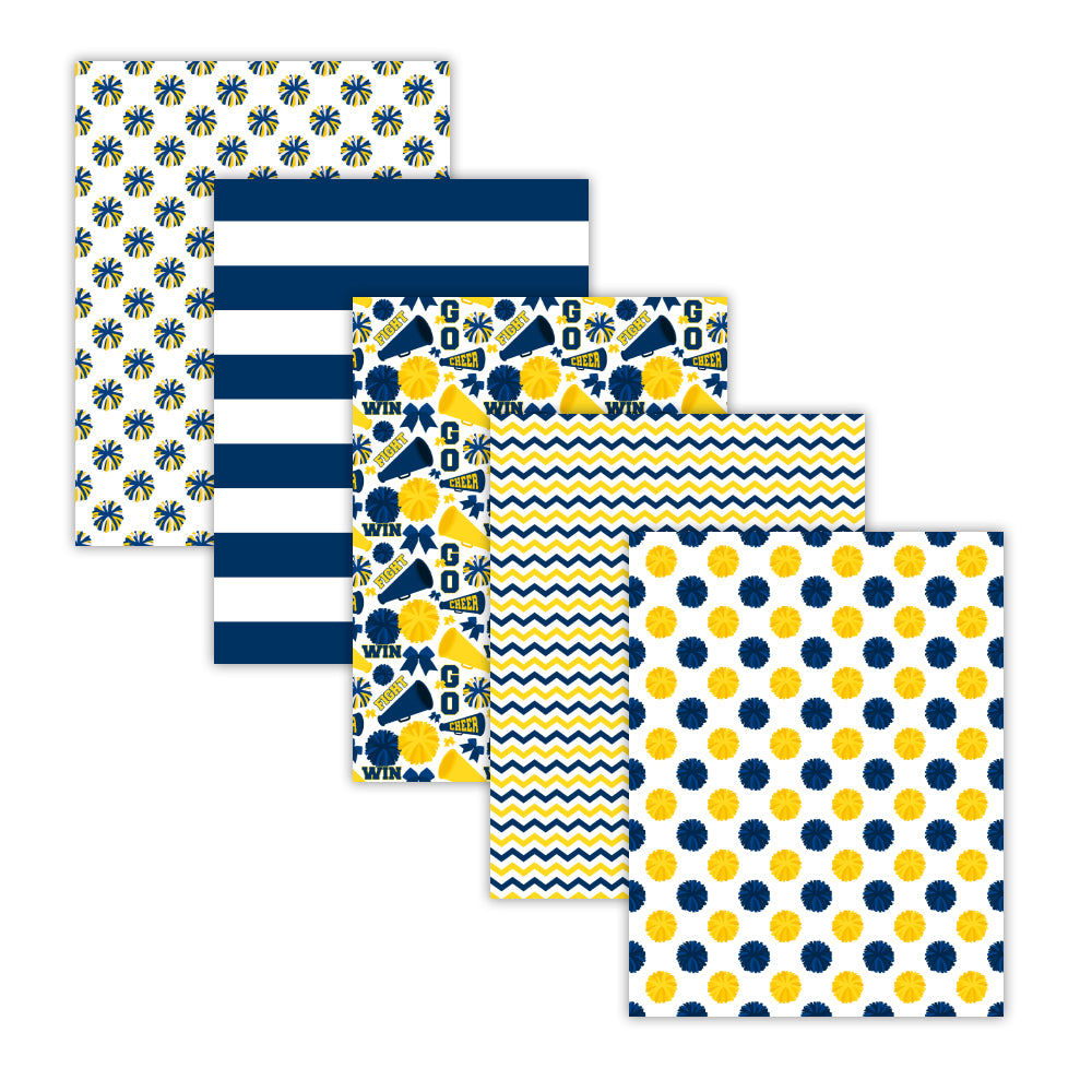 Blue and yellow cheerleading digital paper pack with pom pom patterns, stripes, and chevron designs in 8.5x11 format