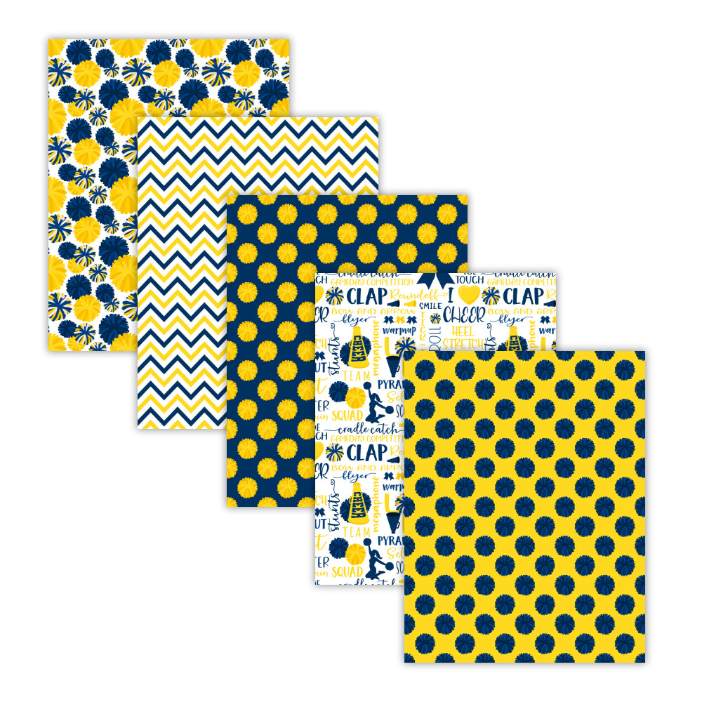 Blue and yellow cheerleading digital paper pack with pom pom patterns, stripes, and chevron designs in 8.5x11 format