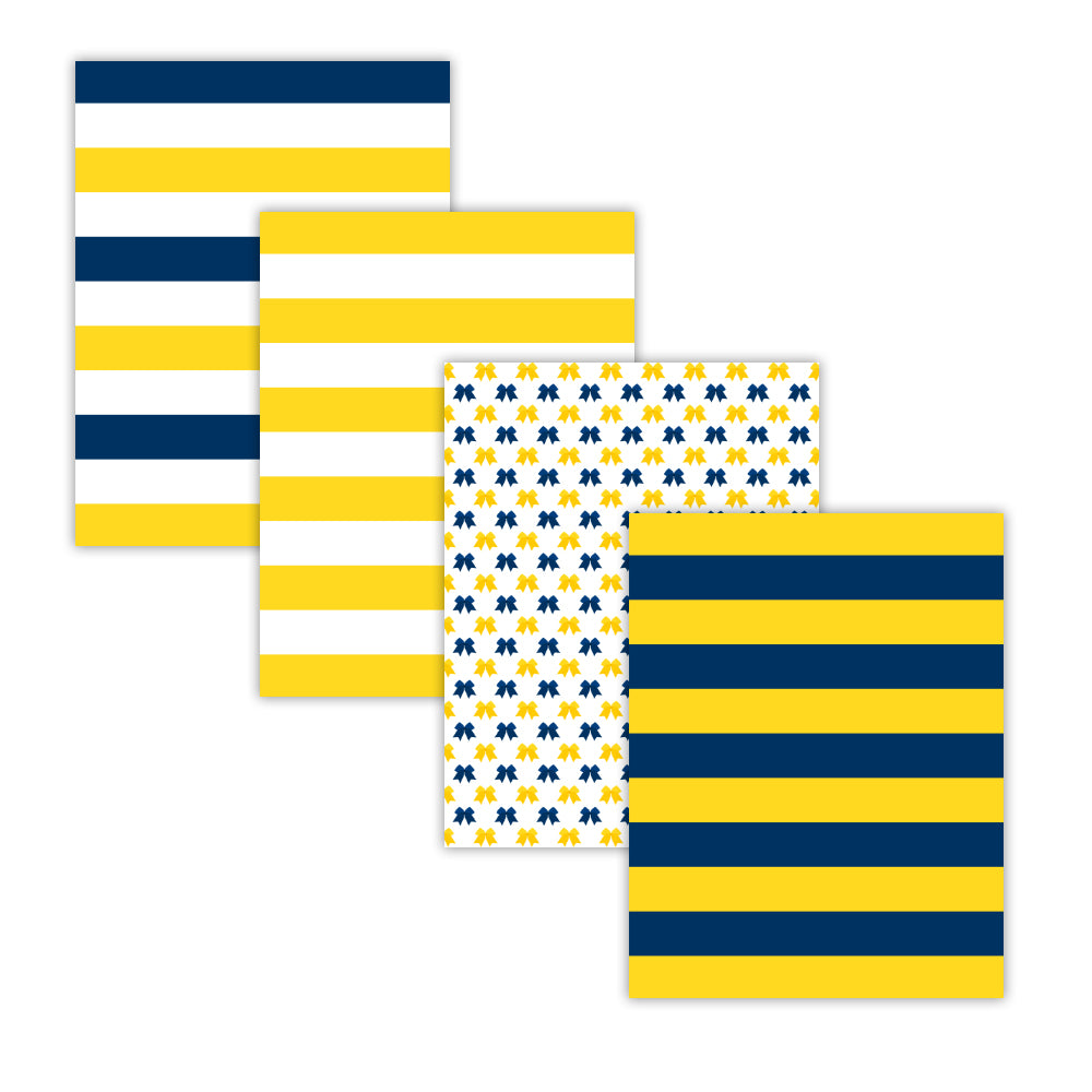 Blue and yellow cheerleading digital paper pack with pom pom patterns, stripes, and chevron designs in 8.5x11 format