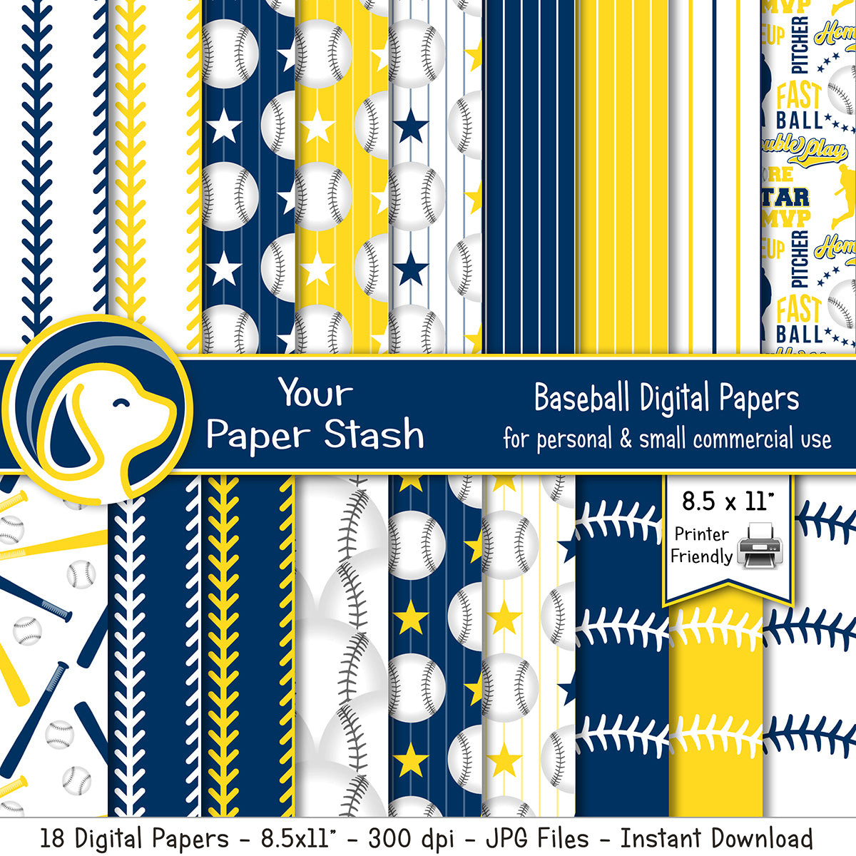 printable navy blue yellow baseball digital papers, baseball sports theme digital paper printable download
