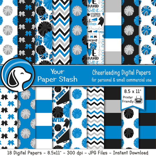 Blue Black Cheerleader Digital Papers, Pom-Pom and Megaphone Printable Paper