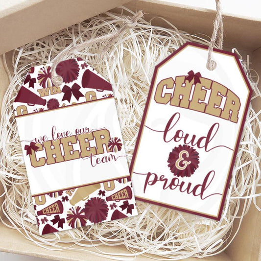 printable maroon burgundy gold cheerleader cheer team gift tags - 2 styles - instant download