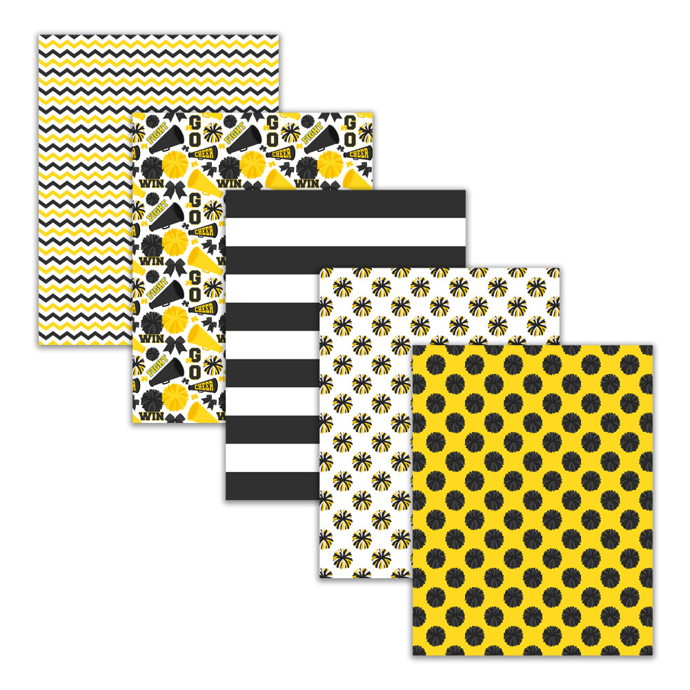 Yellow black and white cheerleading digital paper pack with pom pom, megaphone, bow, stripe, and chevron patterns in 8.5x11 format