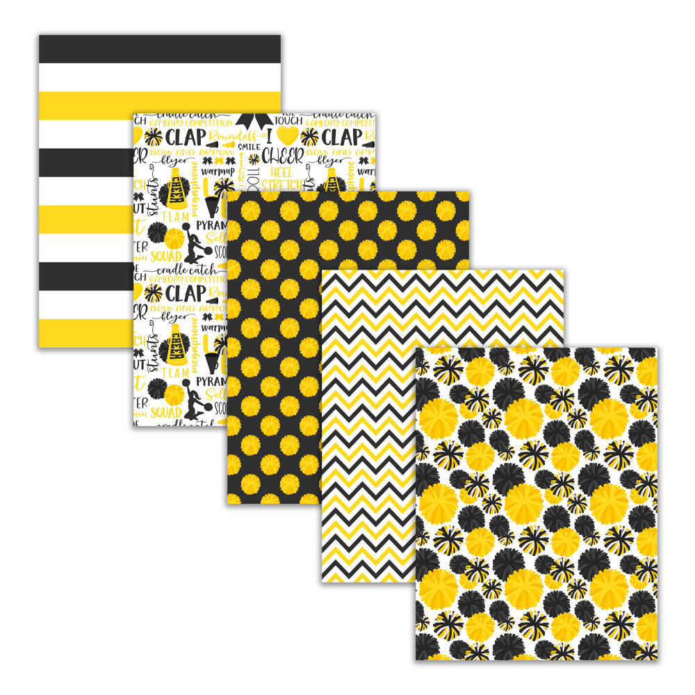 Yellow black and white cheerleading digital paper pack with pom pom, megaphone, bow, stripe, and chevron patterns in 8.5x11 format