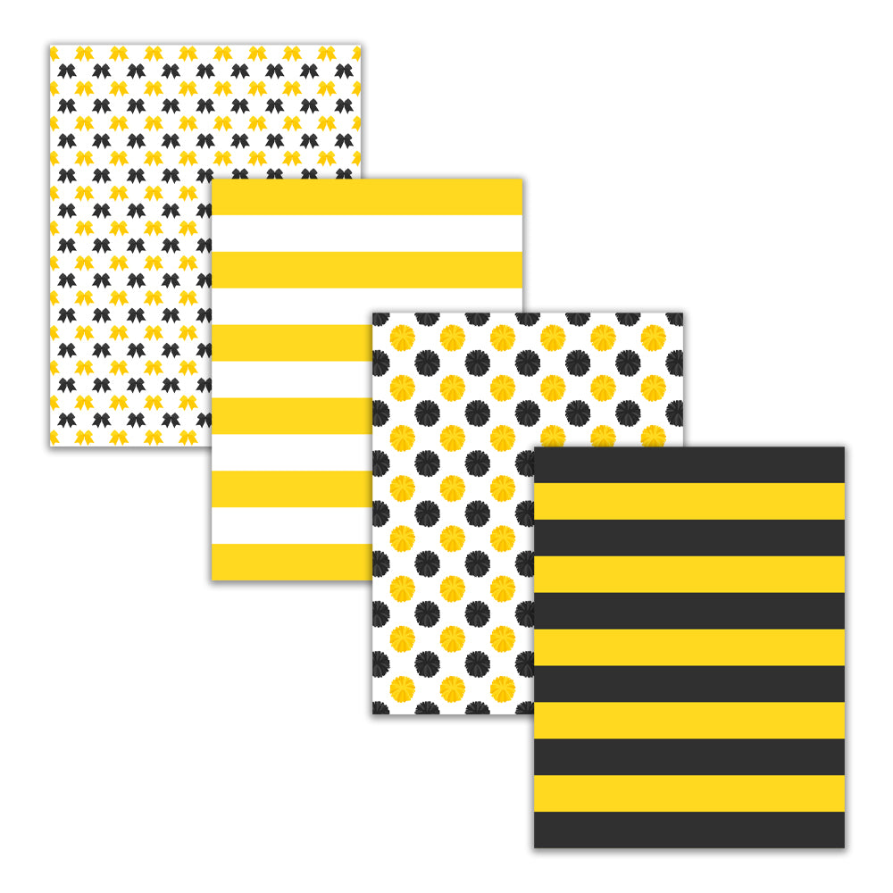 Yellow black and white cheerleading digital paper pack with pom pom, megaphone, bow, stripe, and chevron patterns in 8.5x11 format