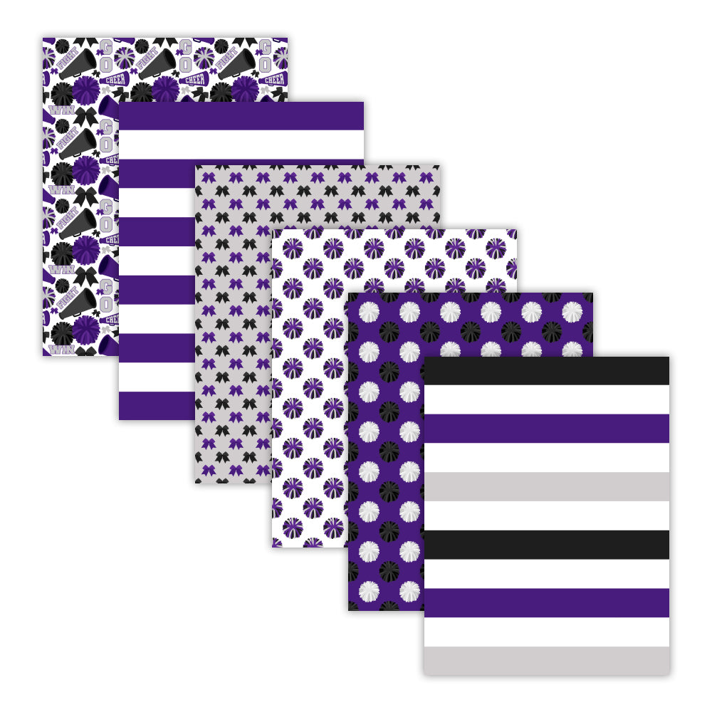 Printable purple and black cheerleading digital papers with pom-pom megaphone cheer bow stripe and chevron patterns - 8.5x11 JPG files, instant download