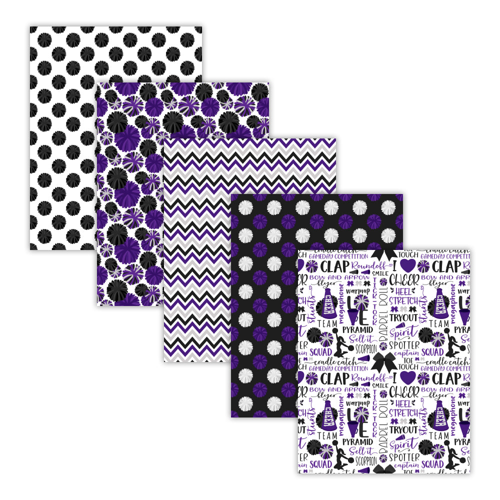 Printable purple and black cheerleading digital papers with pom-pom megaphone cheer bow stripe and chevron patterns - 8.5x11 JPG files, instant download