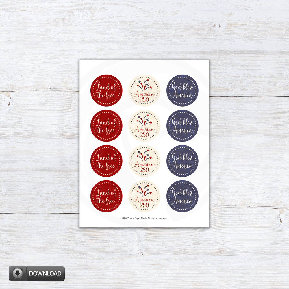Printable patriotic cupcake wrappers and toppers with red white and blue 4th of July designs, America 250 topper, God Bless America topper, and Land of the Free topper.