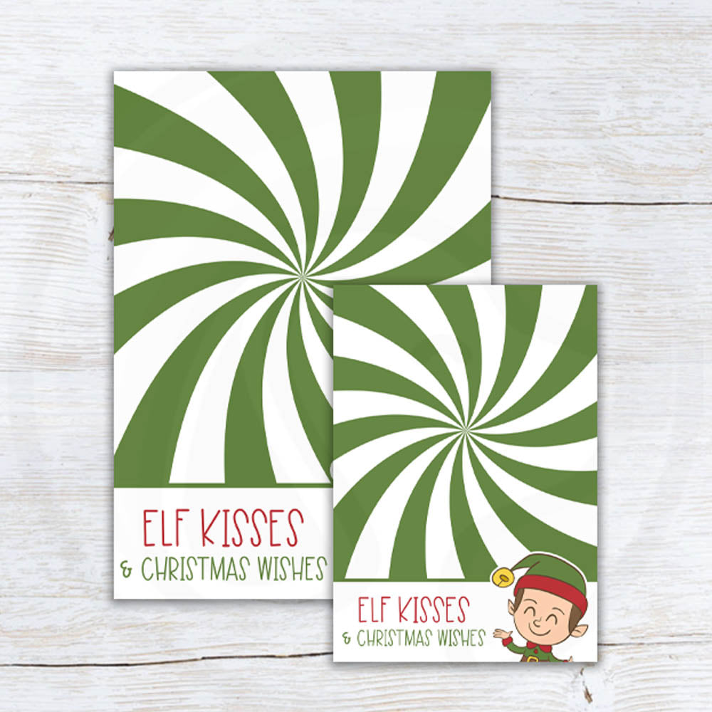Printable “Elf Kisses & Christmas Wishes” cookie card featuring green peppermint swirl background and cute elf illustration, digital Christmas treat backer for holiday cookie gifting.