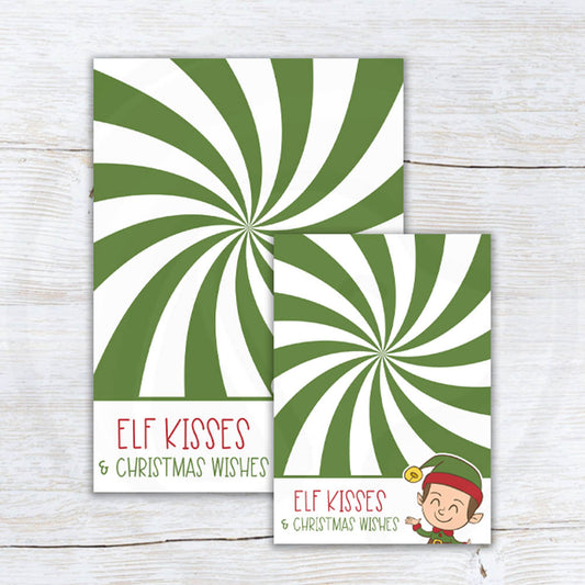 Printable “Elf Kisses & Christmas Wishes” cookie card featuring green peppermint swirl background and cute elf illustration, digital Christmas treat backer for holiday cookie gifting.