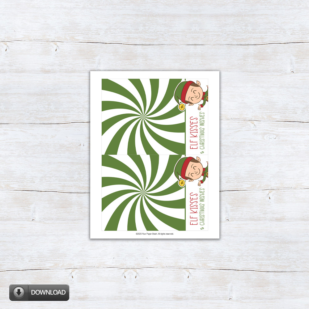 Printable “Elf Kisses & Christmas Wishes” cookie card featuring green peppermint swirl background and cute elf illustration, digital Christmas treat backer for holiday cookie gifting.