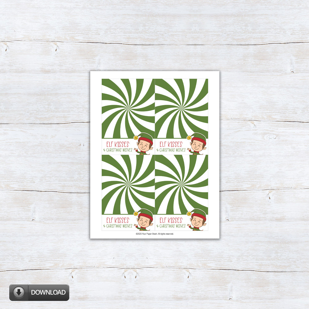 Printable “Elf Kisses & Christmas Wishes” cookie card featuring green peppermint swirl background and cute elf illustration, digital Christmas treat backer for holiday cookie gifting.