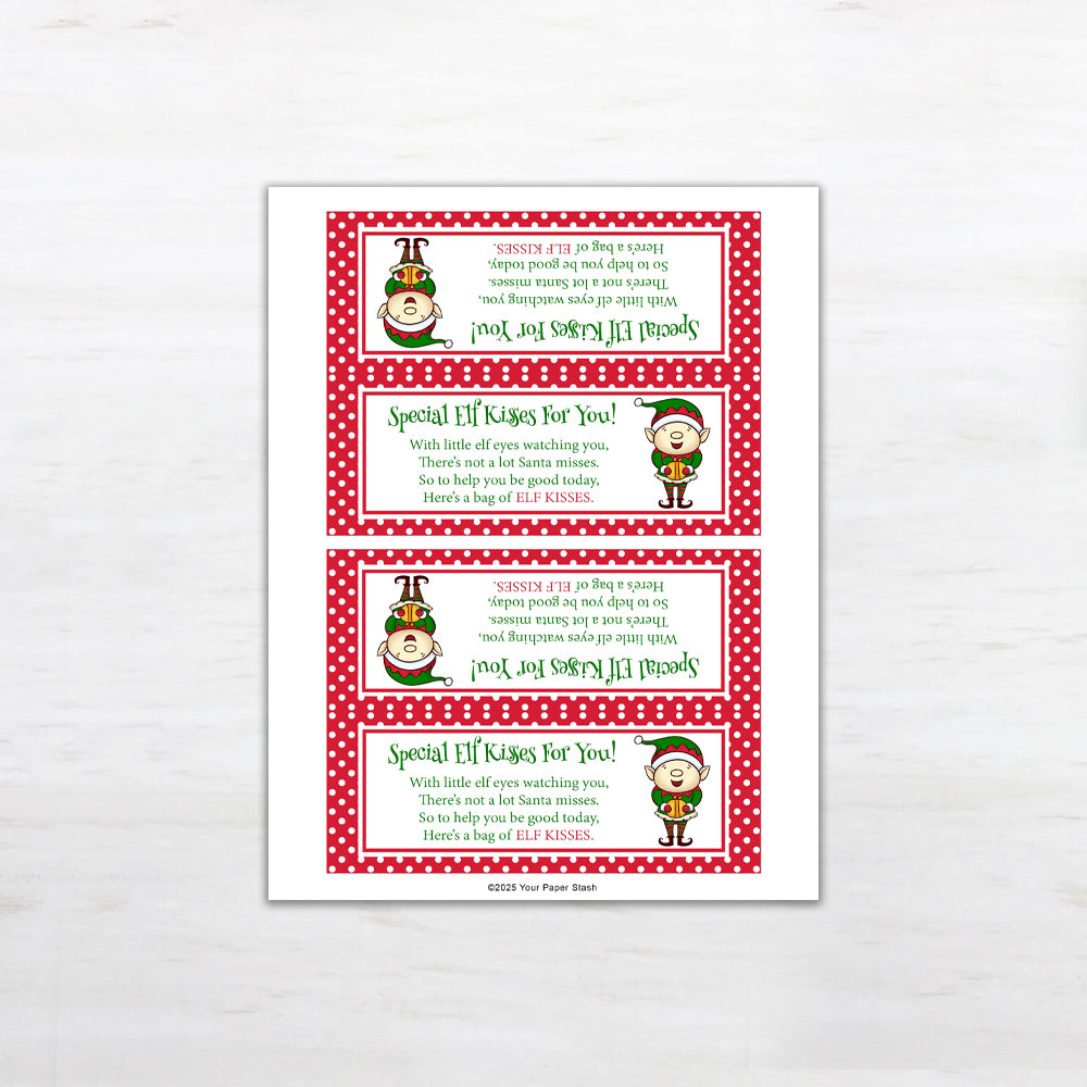 Christmas elf kisses treat bag toppers for classroom parties and stocking stuffers - printable download