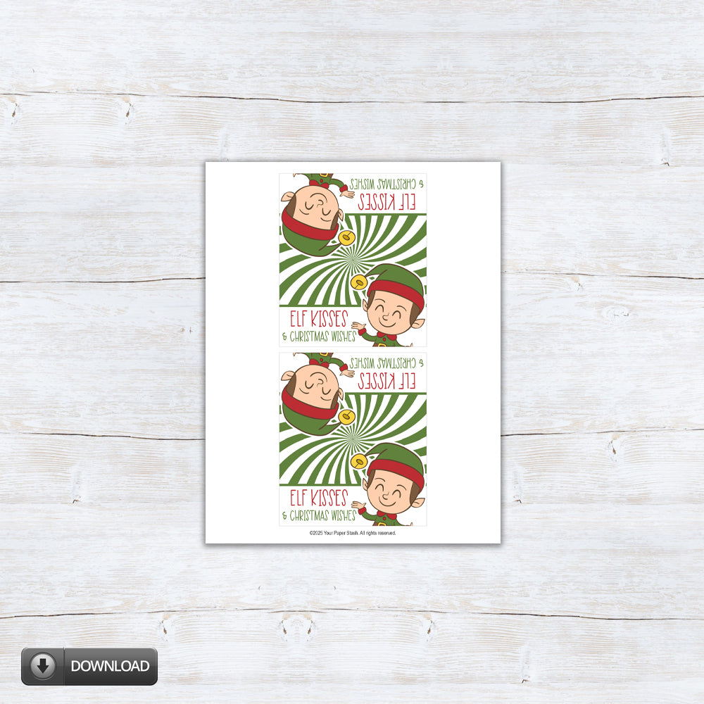 Elf Kisses and Christmas Wishes printable treat bag topper featuring cute elf illustration and green candy swirl design for Christmas candy gifts.