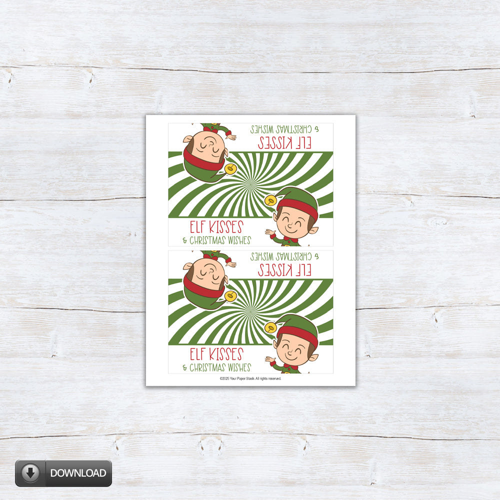 Elf Kisses and Christmas Wishes printable treat bag topper featuring cute elf illustration and green candy swirl design for Christmas candy gifts.