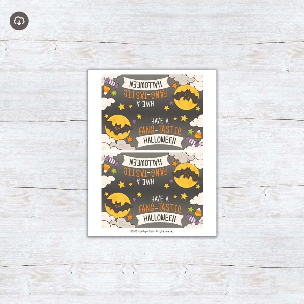 Printable Halloween treat bag topper featuring a cute bat, moon, stars, and “Have a Fang-tastic Halloween” wording.