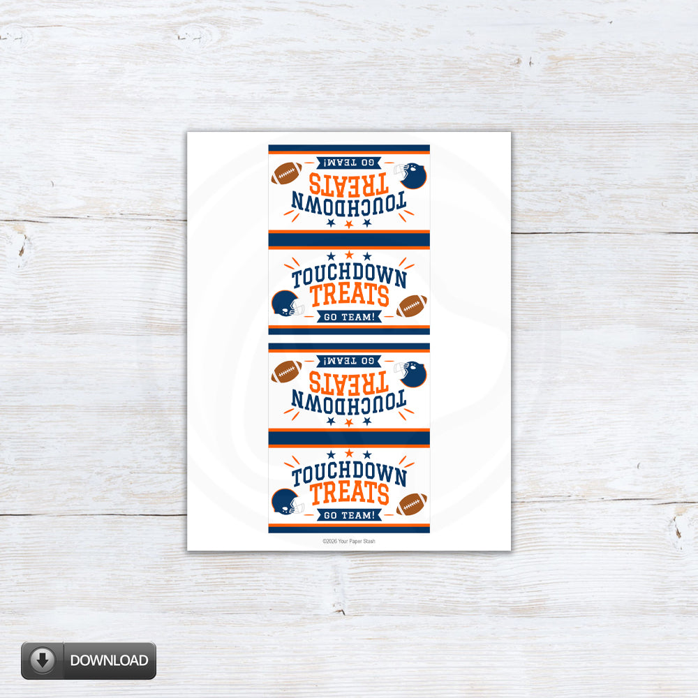 Printable Touchdown Treats football bag topper in navy blue and orange for team snacks, tailgate parties, homecoming and football parties.