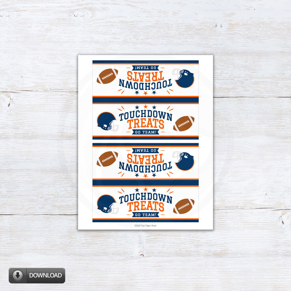Printable Touchdown Treats football bag topper in navy blue and orange for team snacks, tailgate parties, homecoming and football parties.
