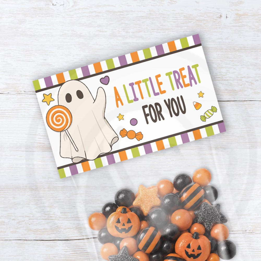 Printable ghost Halloween treat bag topper with candy illustrations and “A Little Treat for You” lettering.
