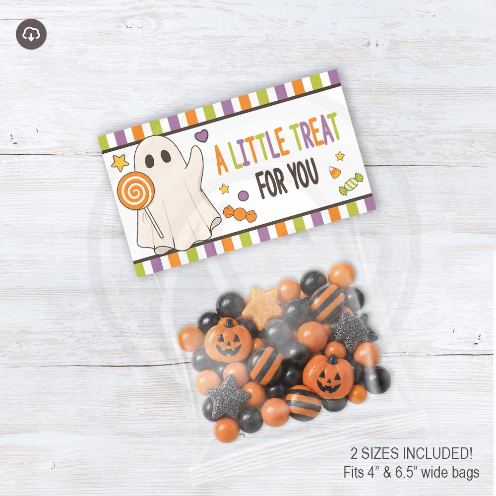 Printable ghost Halloween treat bag topper with candy illustrations and “A Little Treat for You” lettering.