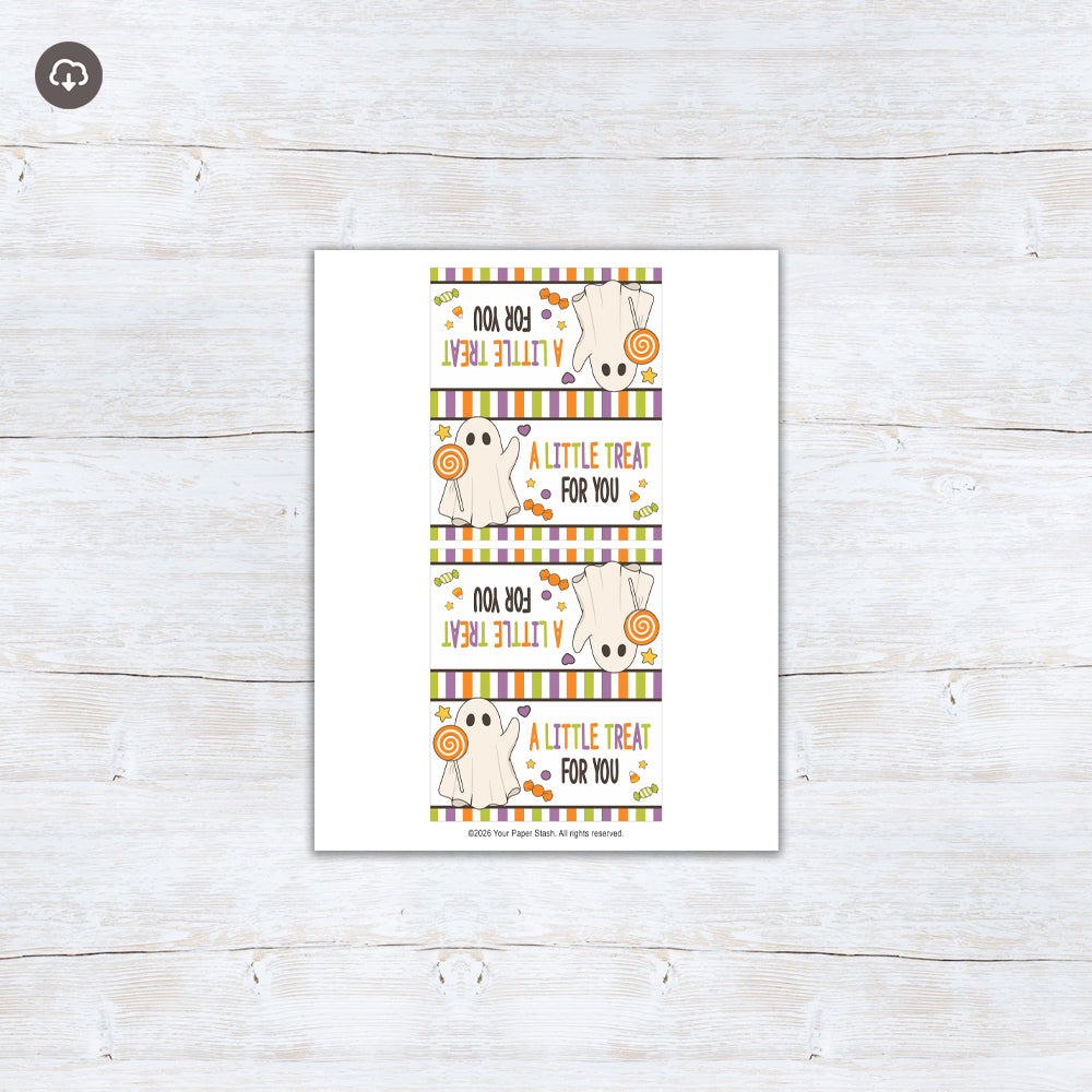 Printable ghost Halloween treat bag topper with candy illustrations and “A Little Treat for You” lettering.