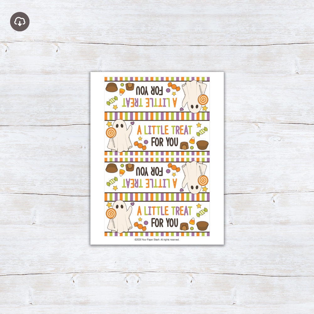 Printable ghost Halloween treat bag topper with candy illustrations and “A Little Treat for You” lettering.