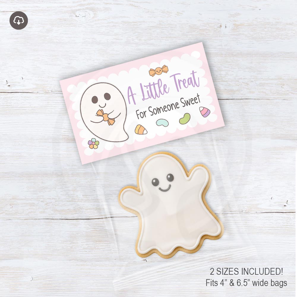 Pink printable ghost treat bag topper with pastel candy, lavender lettering, a scalloped frame, and the message A Little Treat for Someone Sweet.