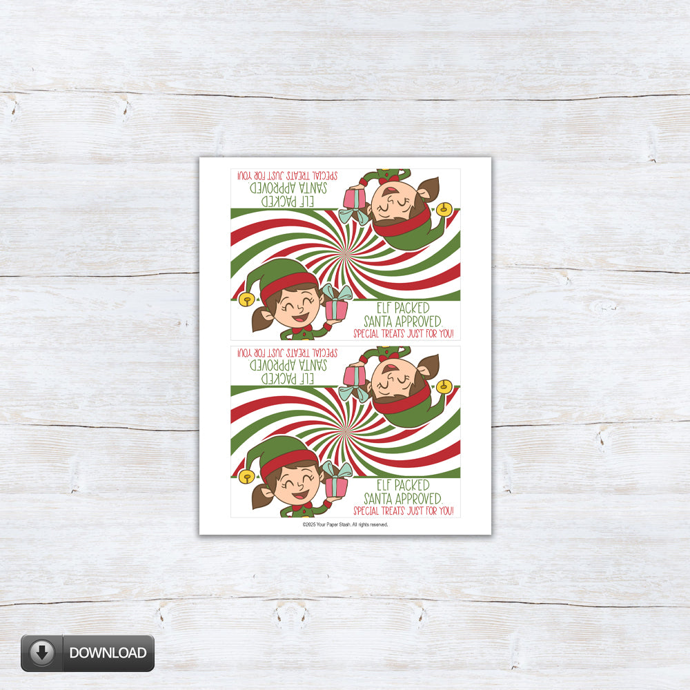 Cute elf-themed Christmas treat bag topper printable. Perfect for classroom gifts and holiday goodie bags. Instant download with two topper sizes.