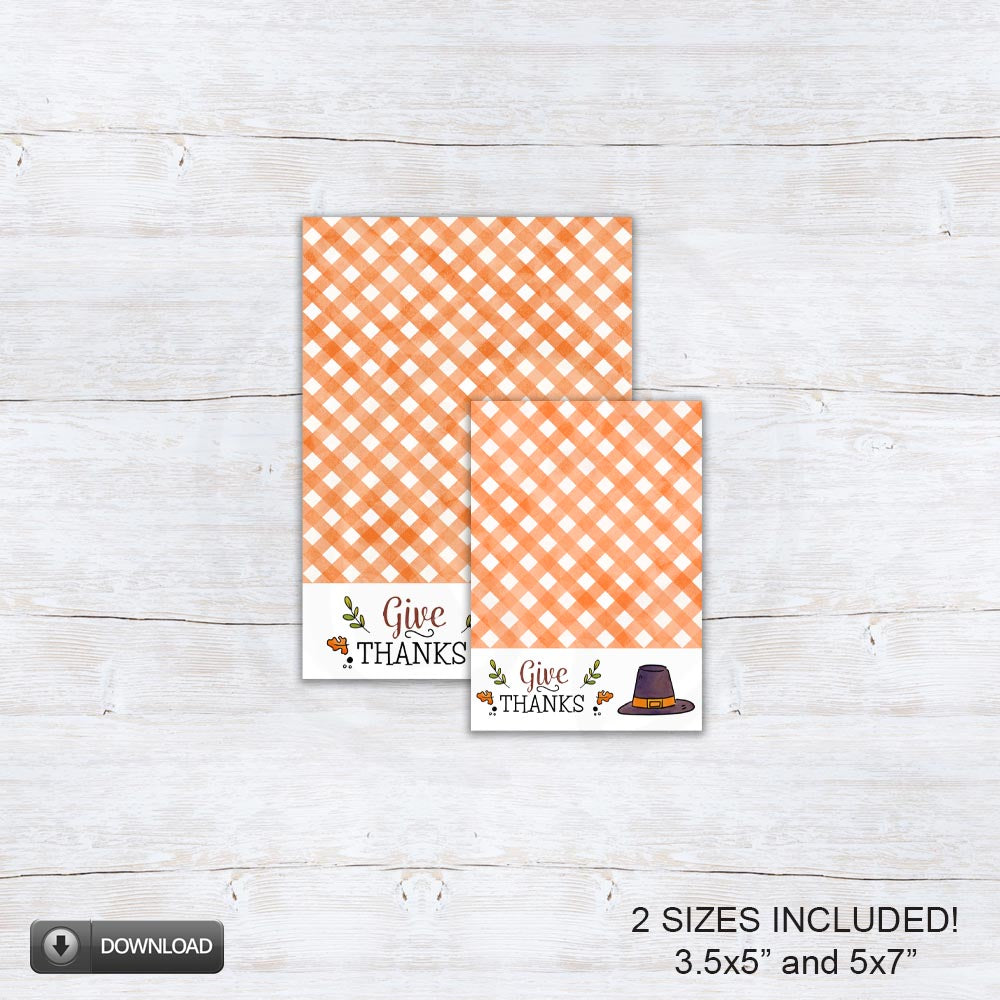 3.5x5 and 5x7 thanksgiving cookie card backers with the words give thanks, orange gingham background and a pilgrim's hat