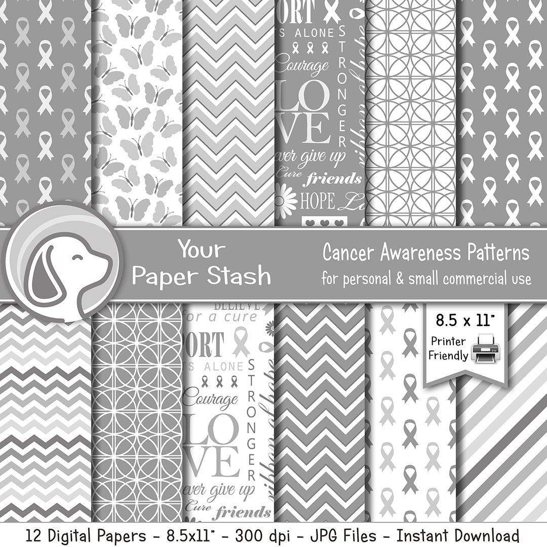 gray cancer awareness digital paper pack with ribbon patterns butterflies chevron stripes and supportive word art backgrounds
