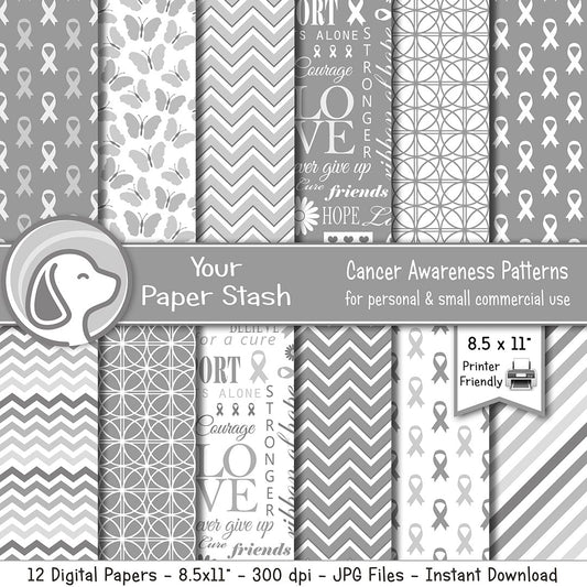 gray cancer awareness digital paper pack with ribbon patterns butterflies chevron stripes and supportive word art backgrounds