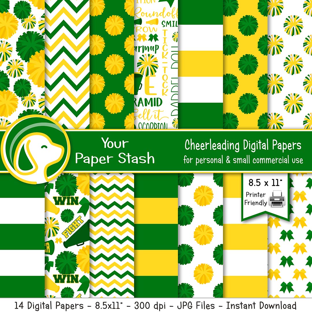 Printable green and yellow cheerleader themed digital papers with pom-pom megaphone cheer bow stripe and chevron patterns - instant download 