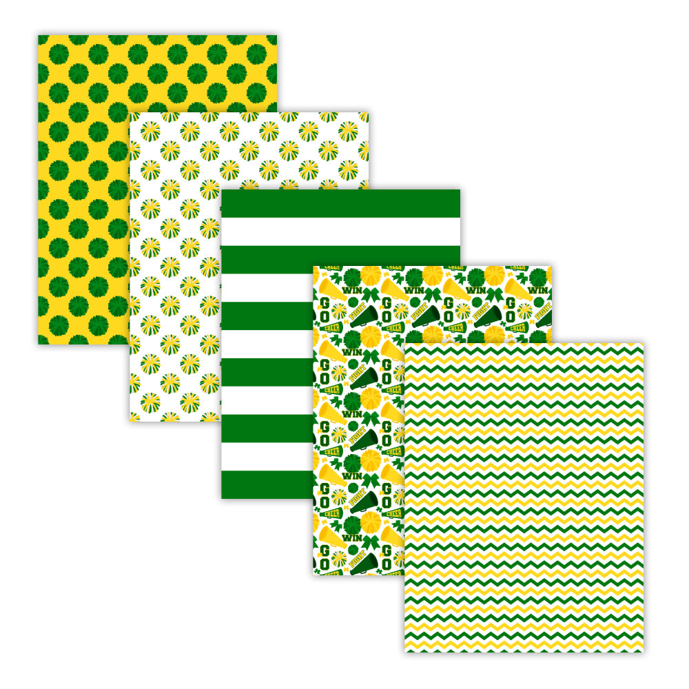 Printable green and yellow cheerleader themed digital papers with pom-pom megaphone cheer bow stripe and chevron patterns - instant download 