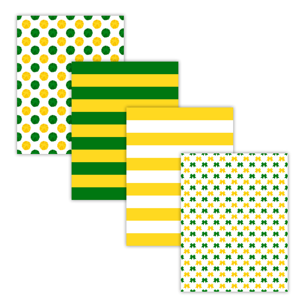 Printable green and yellow cheerleader themed digital papers with pom-pom megaphone cheer bow stripe and chevron patterns - instant download 