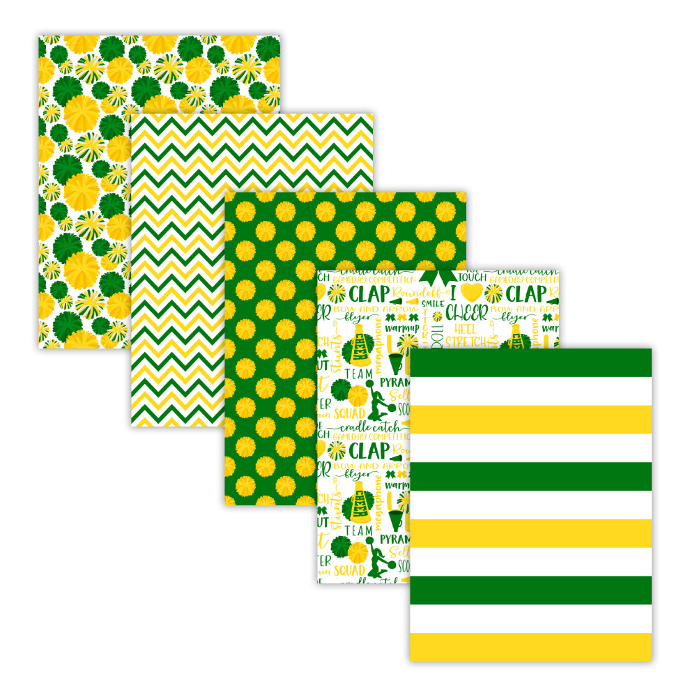 Printable green and yellow cheerleader themed digital papers with pom-pom megaphone cheer bow stripe and chevron patterns - instant download 