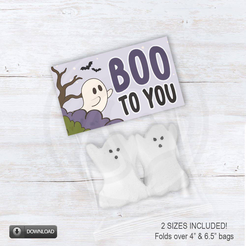 Printable Boo to You Halloween bag topper with a friendly ghost, bats, trees, and purple and green accents.